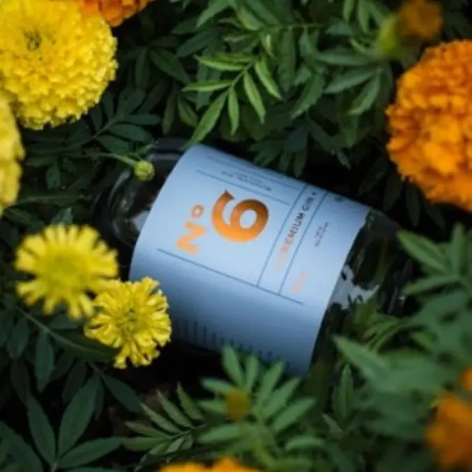 Bottle of No 6 Premium Gin with a light blue label nestled among vibrant marigold flowers and green foliage, evoking a botanical and artisanal aesthetic