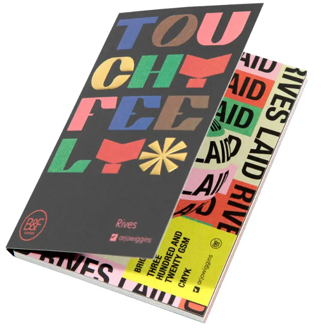 Colorful cover of the “Touchy Feely” paper sample booklet by B&F Paper, featuring multicolored typography and gold accents, with inner pages showcasing Rives Laid textures and print styles